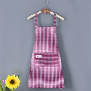 Red and white checkered kitchen apron hanging display, cotton cooking waist apron for home use