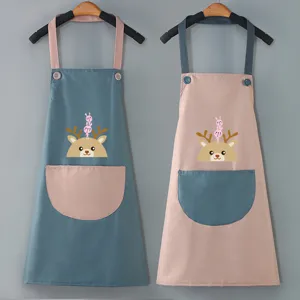 Cute waterproof kitchen apron set for women, featuring cartoon deer pattern and handy pockets.