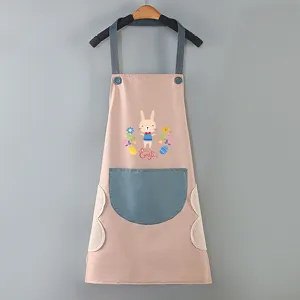 Waterproof kitchen apron with cute cartoon rabbit pattern, pockets and side wiping towels.