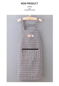 Cotton linen plaid apron with zipper pocket, cute bear embroidery, kitchen wear.