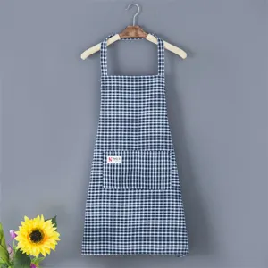 Blue and white checkered cotton kitchen apron with front pocket, stylish and practical home cooking wear.
