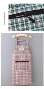 Cotton linen plaid strap apron with zipper pocket and cute cartoon embroidery detail.