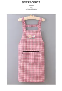 Cotton linen apron cute bear rabbit embroidery zipper pocket kitchen cooking work clothes