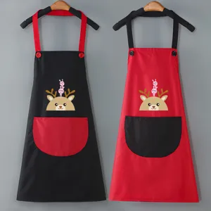 Cute waterproof kitchen apron for women with cartoon deer design, oil-proof cooking workwear.