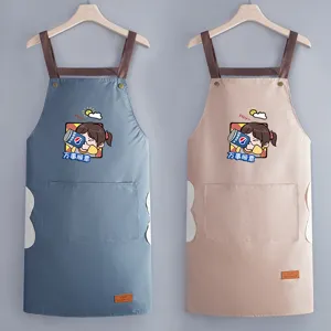 Waterproof Oil-Proof Kitchen Apron For Women Men Fashion Korean Style Cartoon Print Cooking Bib With Pocket