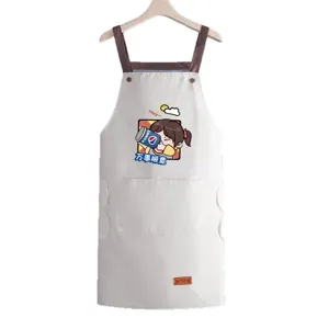 Waterproof kitchen apron with cute cartoon graphic, oil-proof adult cooking workwear with pocket.