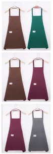 Kitchen apron details showcasing striped fabric, front pockets and various color choices.