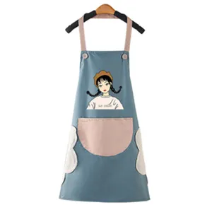 Waterproof kitchen apron with pockets and wiping towels, cute cartoon design for cooking.