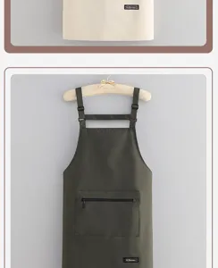 Waterproof oil-proof kitchen apron with adjustable straps and pocket for home cooking.