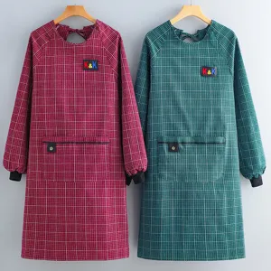 Long Sleeve Plaid Apron Cotton Breathable Anti Fouling Kitchen Smock With Pockets Unisex Cooking Workwear Apron