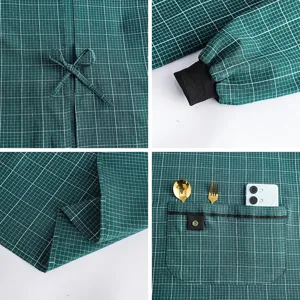 Long sleeve green plaid apron kitchen workwear with pocket and elastic cuffs durable.