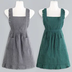 Women Cotton Princess Apron Ruffle Sleeveless Kitchen Cooking Apron Cute Striped Housework Apron Dress with Pockets