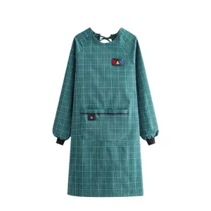 Green plaid long sleeve apron for women kitchen cooking anti-fouling smock workwear style