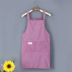 Red white plaid cotton kitchen apron with pocket for cooking housework and restaurant use.