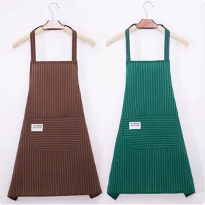 Cotton blend kitchen apron for women, sleeveless striped cooking bib with pocket and logo.