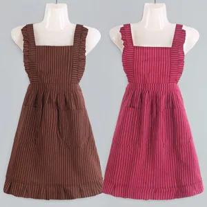 Cotton princess apron women kitchen cooking cute ruffled sleeveless striped waist dress