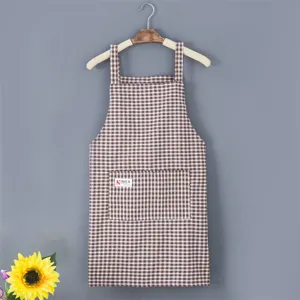 Brown plaid cotton kitchen apron, household cooking workwear with pocket, comfortable and stylish.