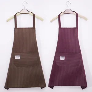 Striped Kitchen Apron Women Household Sleeveless Polyester Cotton Work Smock with Pocket