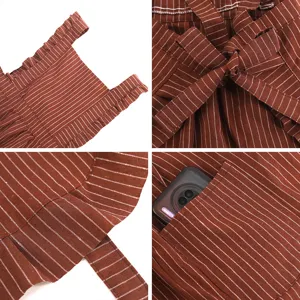 Brown striped cotton apron featuring ruffles, bow ties, and a handy pocket for daily use.
