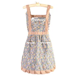 Grembiule da cucina floreale in tela da donna, stile principessa carino, antiolio.