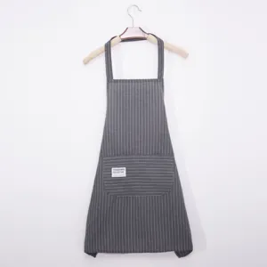 Grey striped kitchen apron with front pocket, comfortable polyester-cotton work wear.