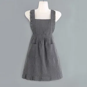 Grey striped princess style kitchen apron, cute sleeveless cooking apron with pockets.