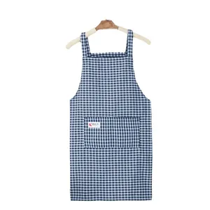 Blue and white plaid kitchen apron with pocket, cotton fabric for daily cooking.