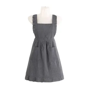 Grey striped ruffled apron for women, cute princess style kitchen cooking apron with pockets.