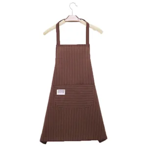 Brown striped kitchen apron for women, sleeveless polyester cotton work cover-all with pocket.