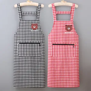 Women Cotton Blend Kitchen Apron Waterproof Anti-Oil Cooking Bib With Zipper Pocket Plaid Cute Home Workwear