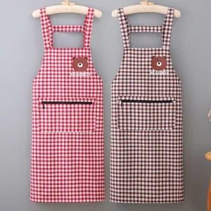Cotton plaid kitchen apron with zipper pocket, breathable cooking workwear for women.