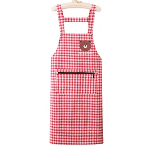 Cotton checkered apron with zipper pocket, cute kitchen cooking workwear for women.
