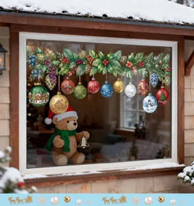 Detailed view of festive Christmas window static stickers with berries and ornaments