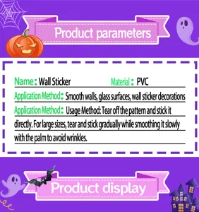 Scheda tecnica per adesivi murali di Halloween con materiale in PVC e istruzioni per l'uso.