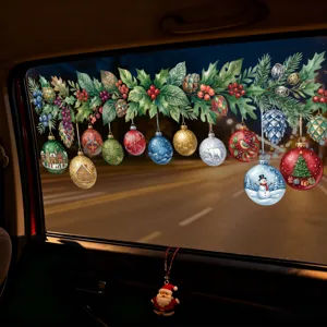 Festive Christmas ball ornaments window stickers with red berries and holly leaves