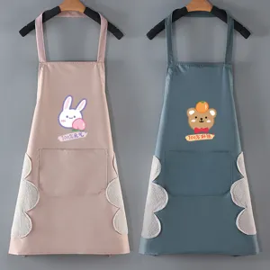 Cute waterproof kitchen apron with hand-wiping fleece, pockets, and stylish cartoon design.