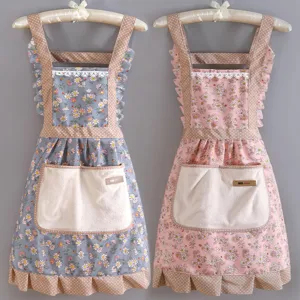 Tablier en Coton Floral Doux Style Coréen Femmes Cuisine Maison Anti-Taches Respirant Mignon Volant Travail Cuisine Tablier de Taille