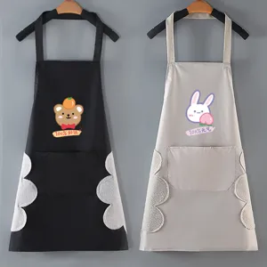 Waterproof PVC Kitchen Apron For Women Cute Cartoon Bear Rabbit Print Chef Cooking Aprons With Hand Wiping Towel Pockets