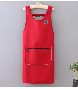 Red waterproof kitchen apron with front zipper pocket and sleeveless design for daily cooking work.