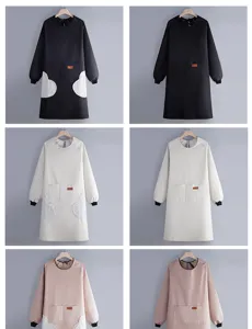 Long sleeve waterproof kitchen apron smock details, oil-proof work clothes variant style display.