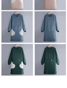 Long sleeve waterproof apron kitchen workwear with pocket and cute patch design for cooking.
