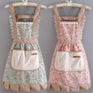 Joli tablier de cuisine floral style coréen avec poche serviette volants coton respirant