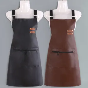 Waterproof PU Leather Kitchen Apron For Women Men Home Cooking Oil-Proof Korean Style Solid Color Work Apron