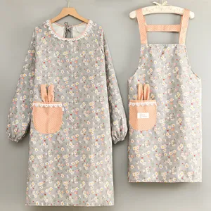 Koreanischer Stil Süße Florale Canvas Küchenschürze Mit Kaninchenohren Langarm Kittel Koch Lätzchen Set Für Damen Hausarbeit
