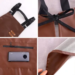 Brown PU leather kitchen apron with adjustable straps, waterproof and oilproof work wear.