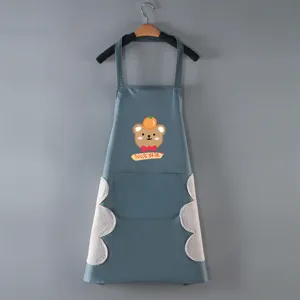 Waterproof kitchen apron with cute bear print and side wipe towels for home cooking.