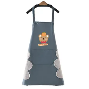 Waterproof kitchen apron with hand wipe fleece cute bear pattern cooking bib for women