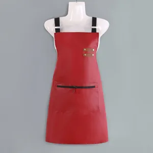 Red waterproof PU leather apron for kitchen cooking and work, stylish solid color design.