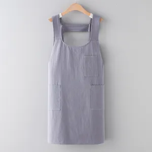 Japanese style cotton linen cross back apron with pockets, grey minimalist kitchen workwear.