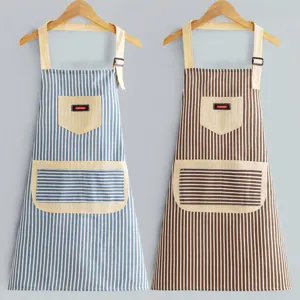 Cotton linen striped adjustable kitchen apron, oil-proof and wear-resistant workwear for women.
